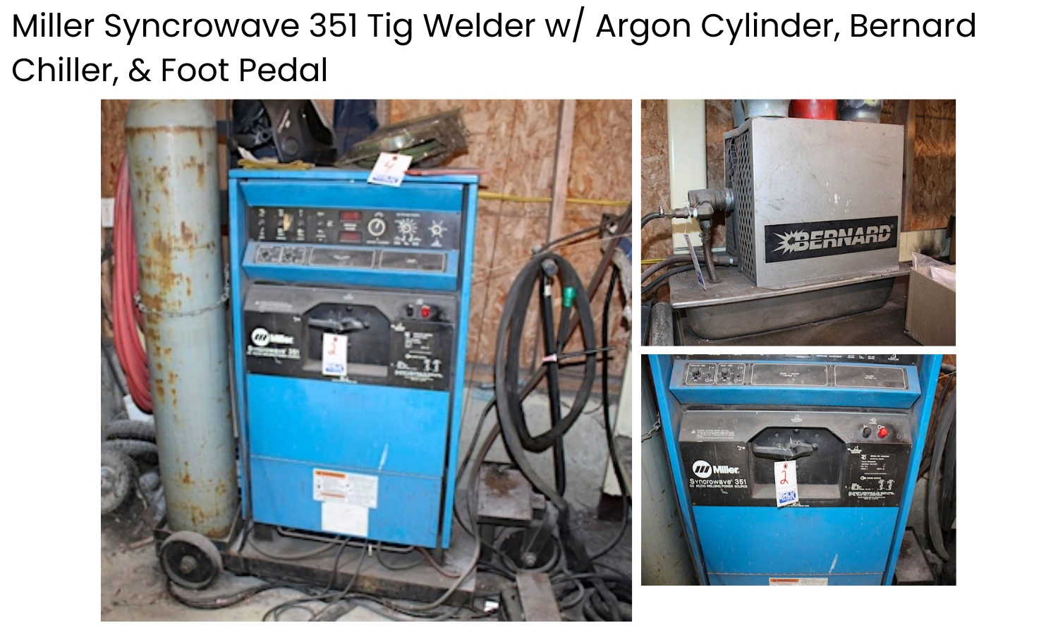 Miller Syncrowave 351 Tig Welder w Argon Cylinder, Bernard Chiller, & Foot Pedal